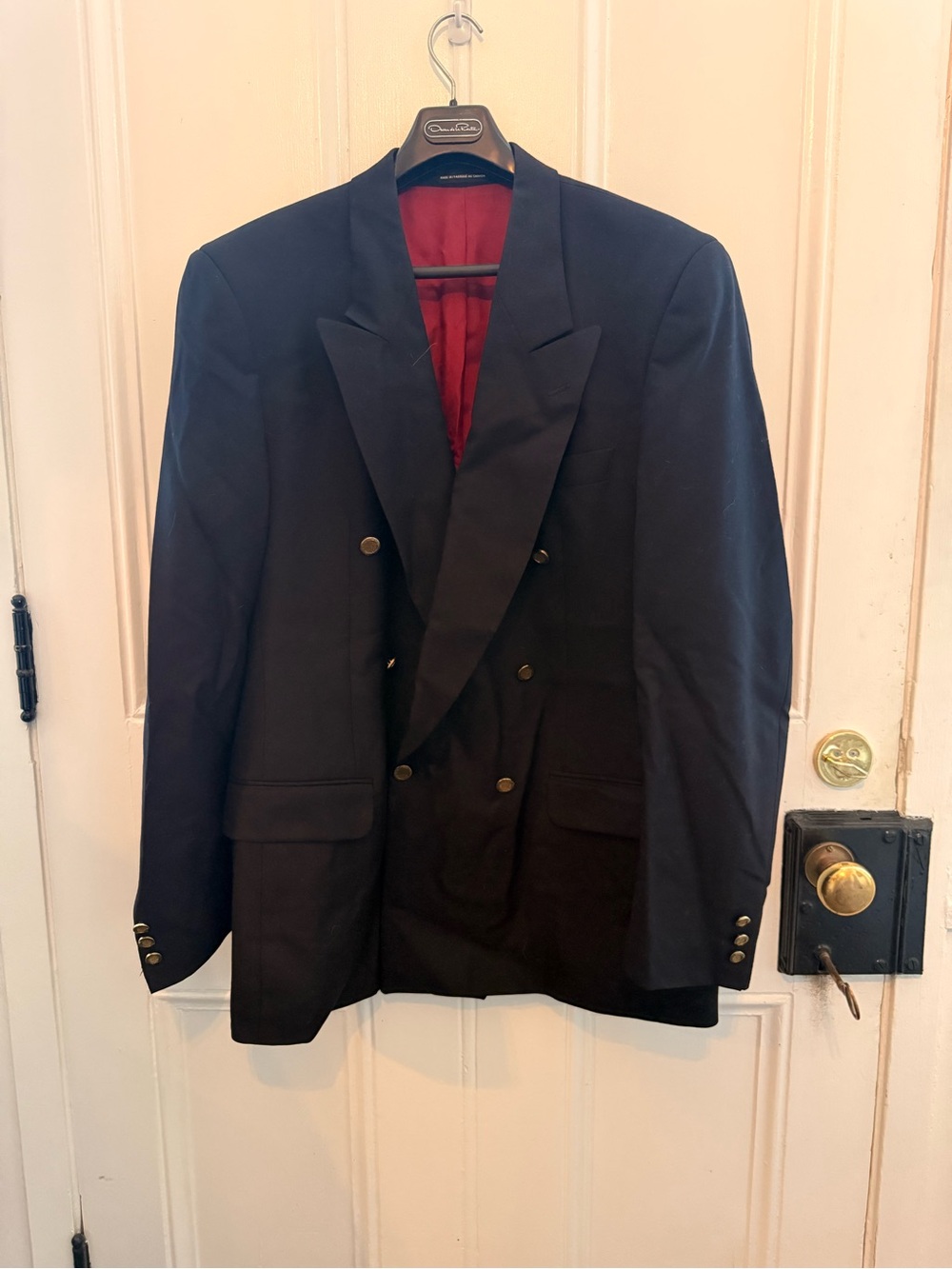 Oscar De La Renta Double-Breasted Navy Blazer with Red Lining